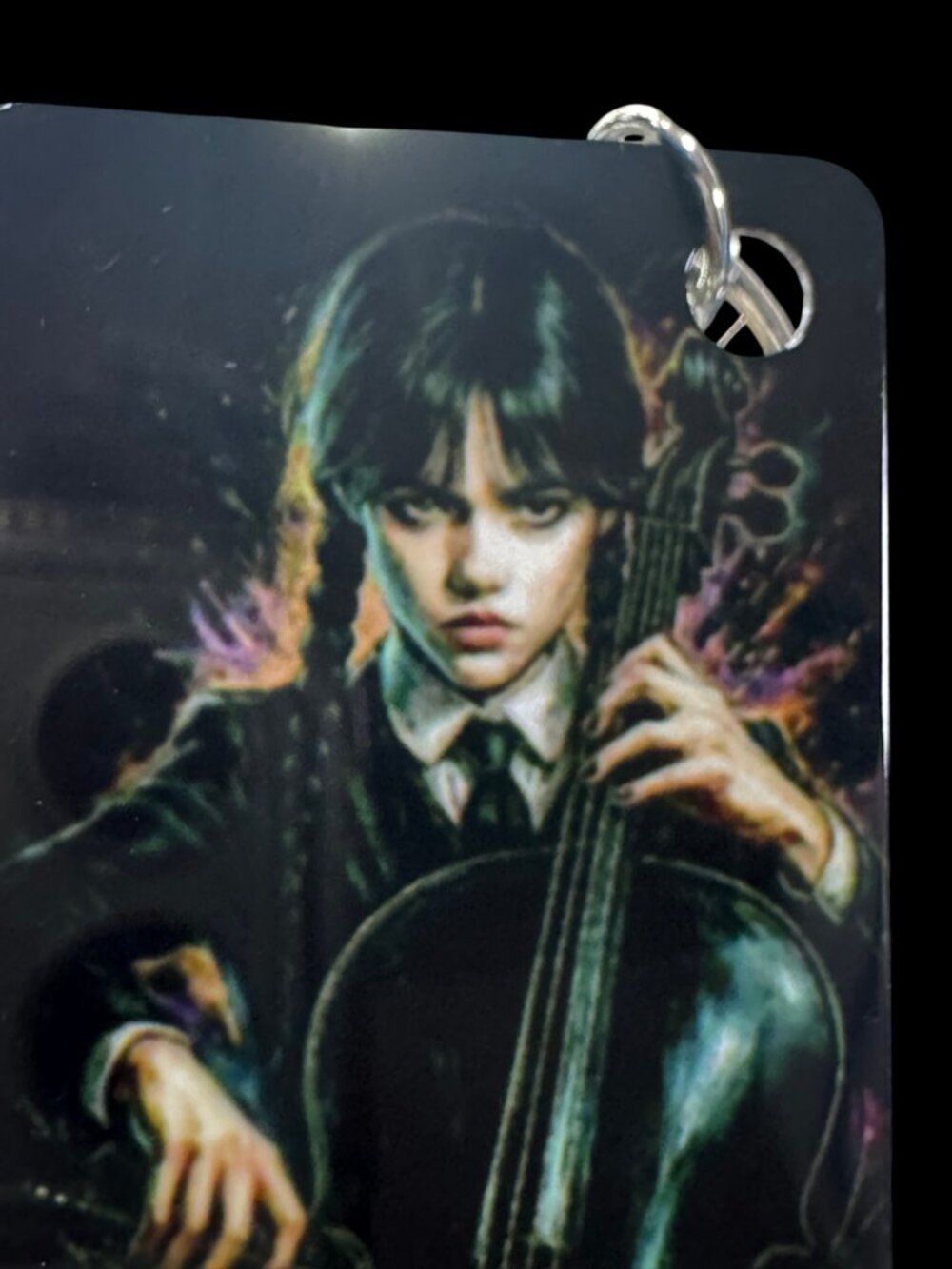 Wednesday Addams Playing Cello Metal Keychain with Red Tassel, Gothic Dark Art S
